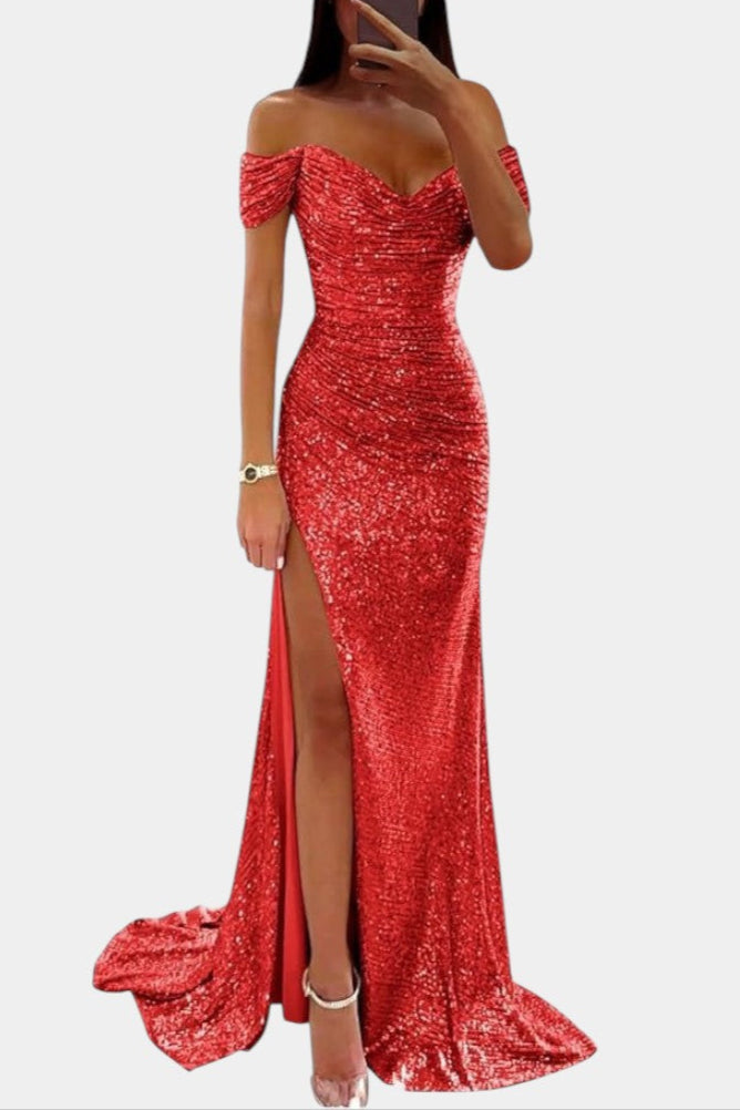 Molinas Vestido de Sirena Off-Shoulder con Lentejuelas