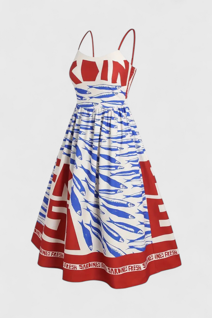 Maricela Vestido Vintage con Tirantes y Estampado de Sardinas