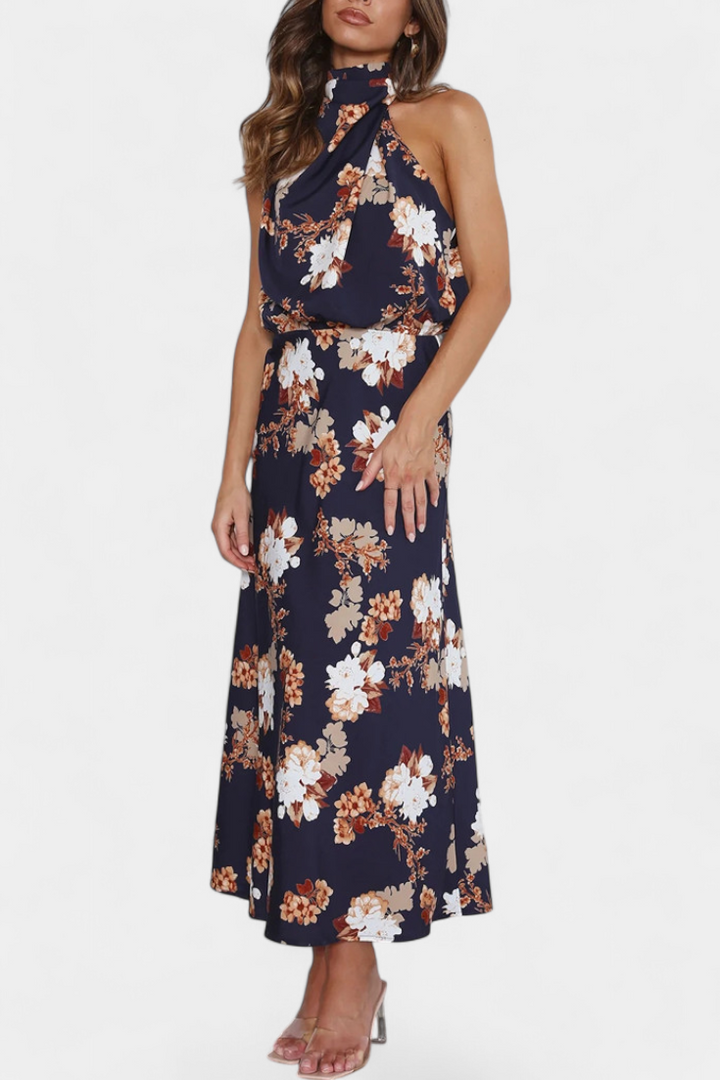 Lisa Vestido Maxi Floral con Cuello Halter y Cintura Elástica