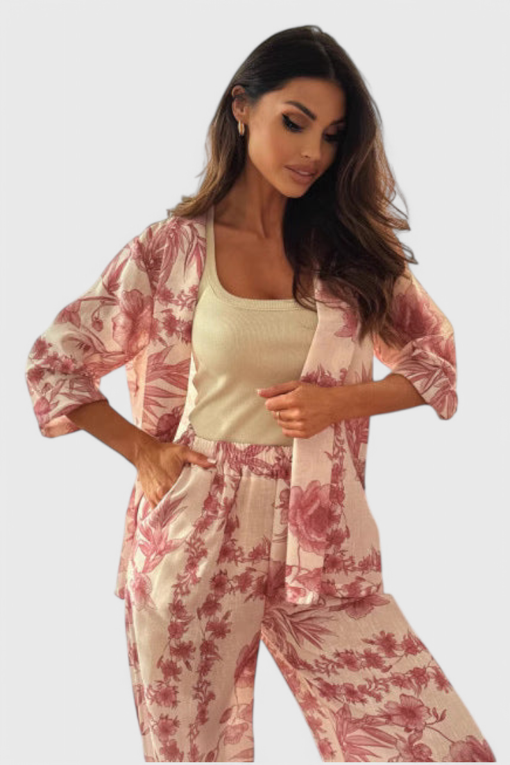 Odile Conjunto de Mezcla de Algodón con Top de Manga 3/4 y Pantalones con Bolsillos