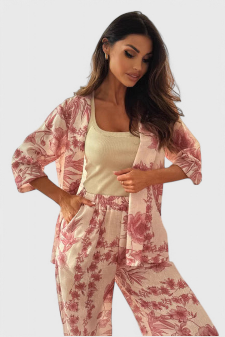 Odile Conjunto de Mezcla de Algodón con Top de Manga 3/4 y Pantalones con Bolsillos