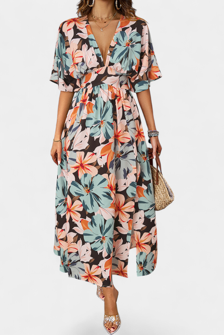 Julie Vestido Largo con Estampado Floral y Escote Cruzado