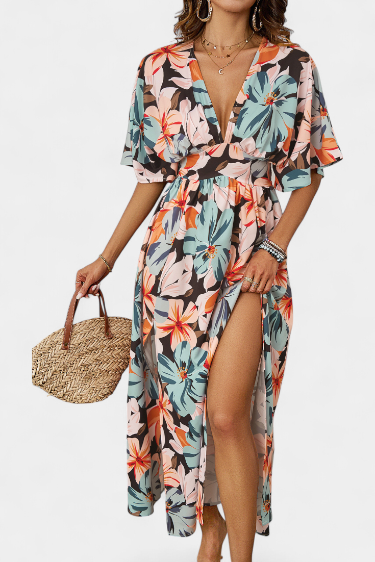 Julie Vestido Largo con Estampado Floral y Escote Cruzado