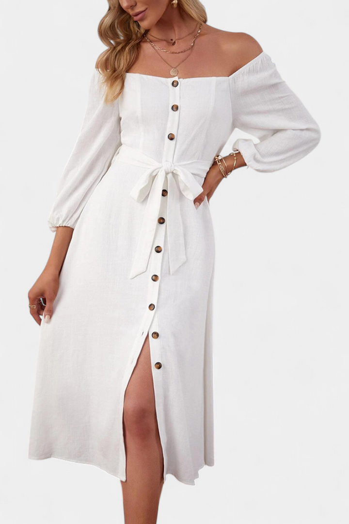 Leonor Vestido de Hombros Descubiertos con Botones y Lazo Frontal