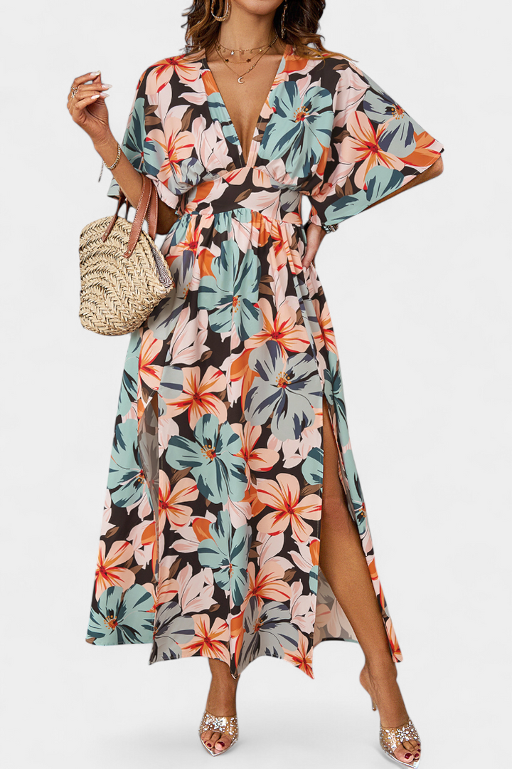 Julie Vestido Largo con Estampado Floral y Escote Cruzado