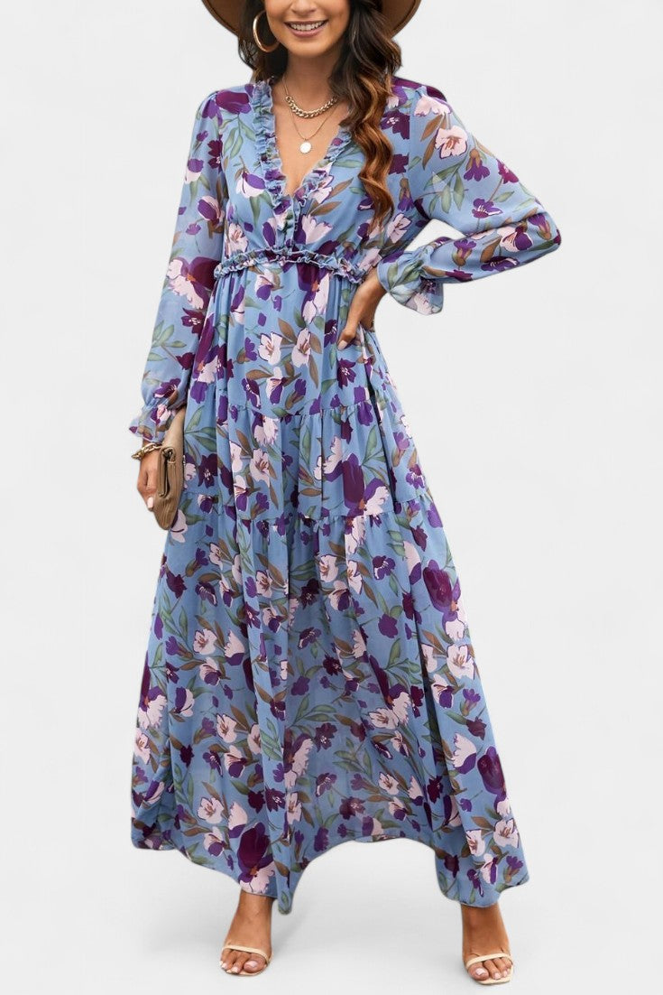 Keti Vestido Maxi Floral con Mangas Largas y Volantes Delicados