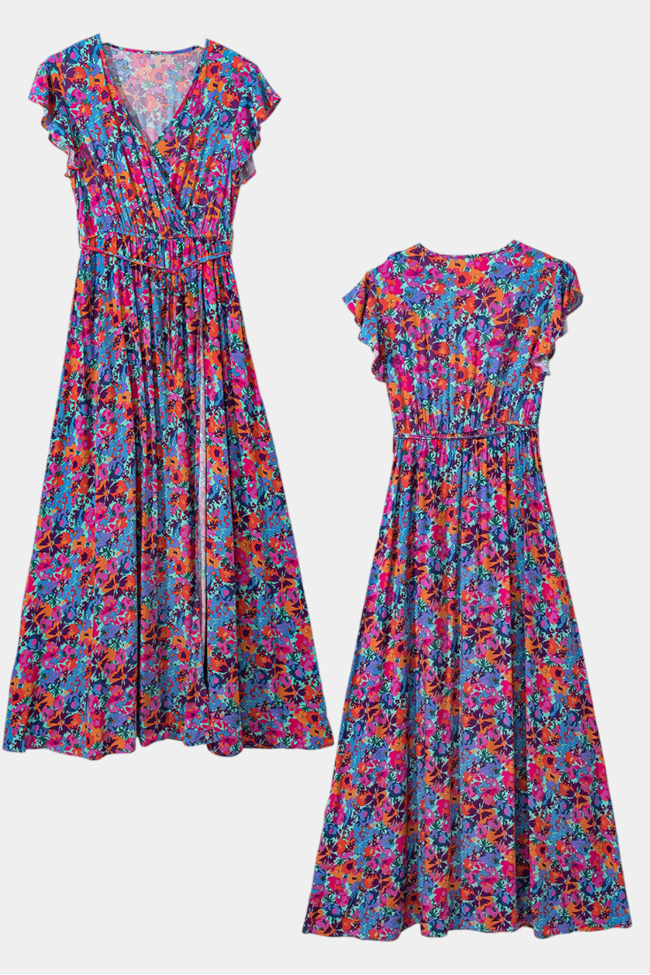 Ximena Vestido Cruzado Largo con Estampado Floral y Abertura Lateral