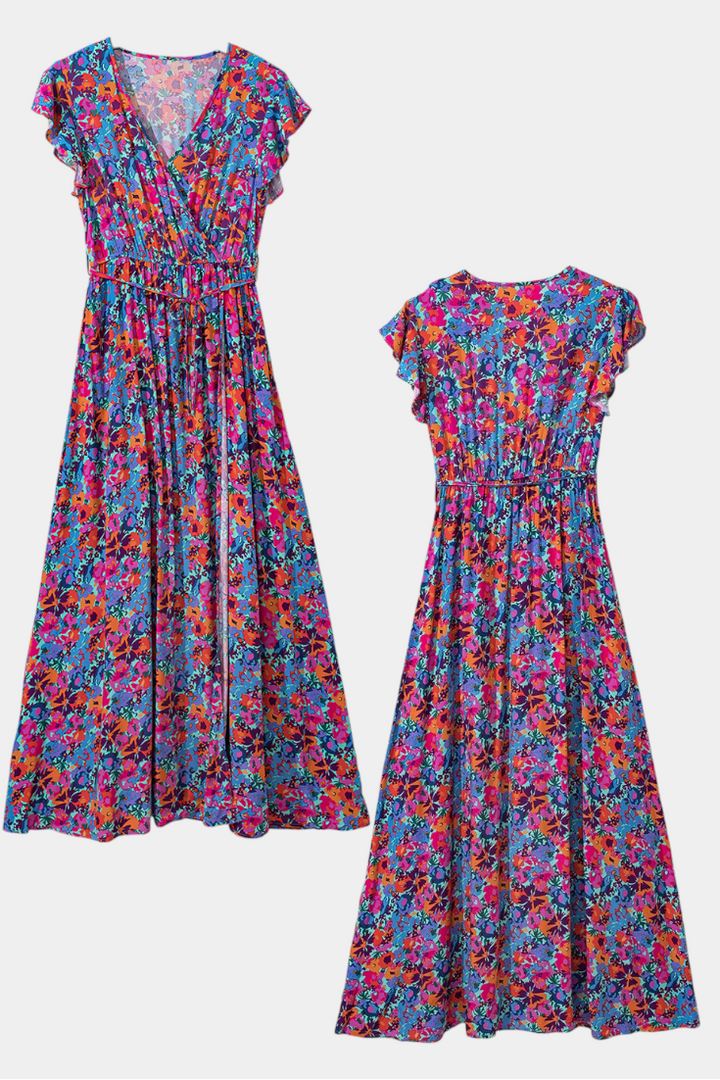 Ximena Vestido Cruzado Largo con Estampado Floral y Abertura Lateral