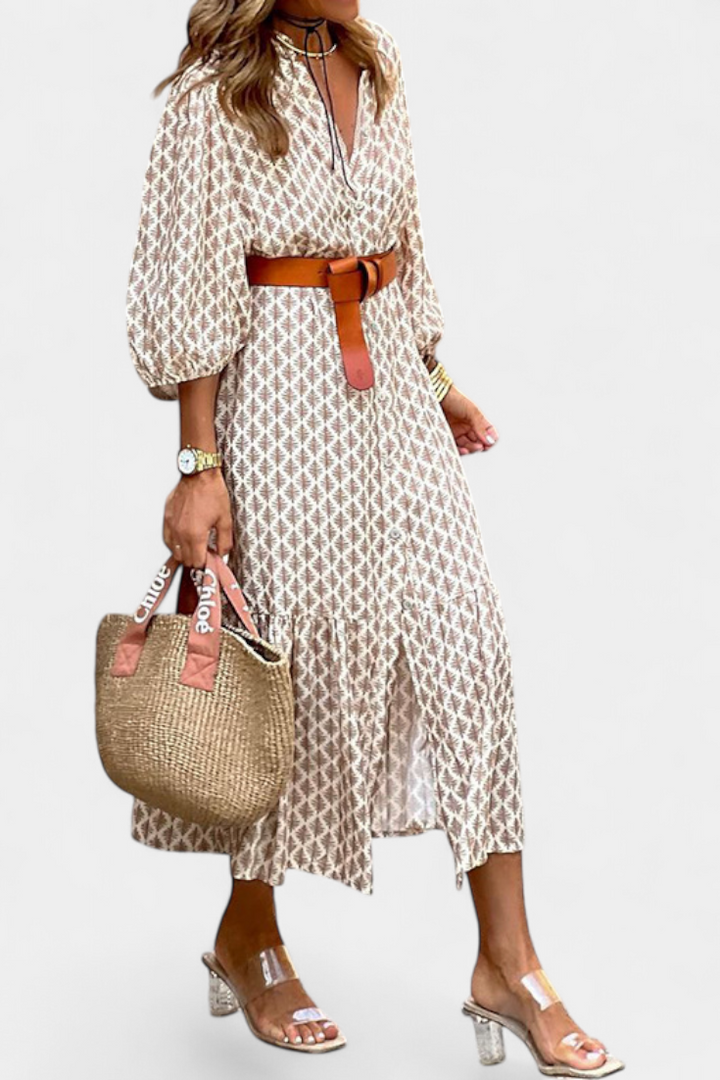 Antonia Midi Dress with Adjustable Waist and Buttons