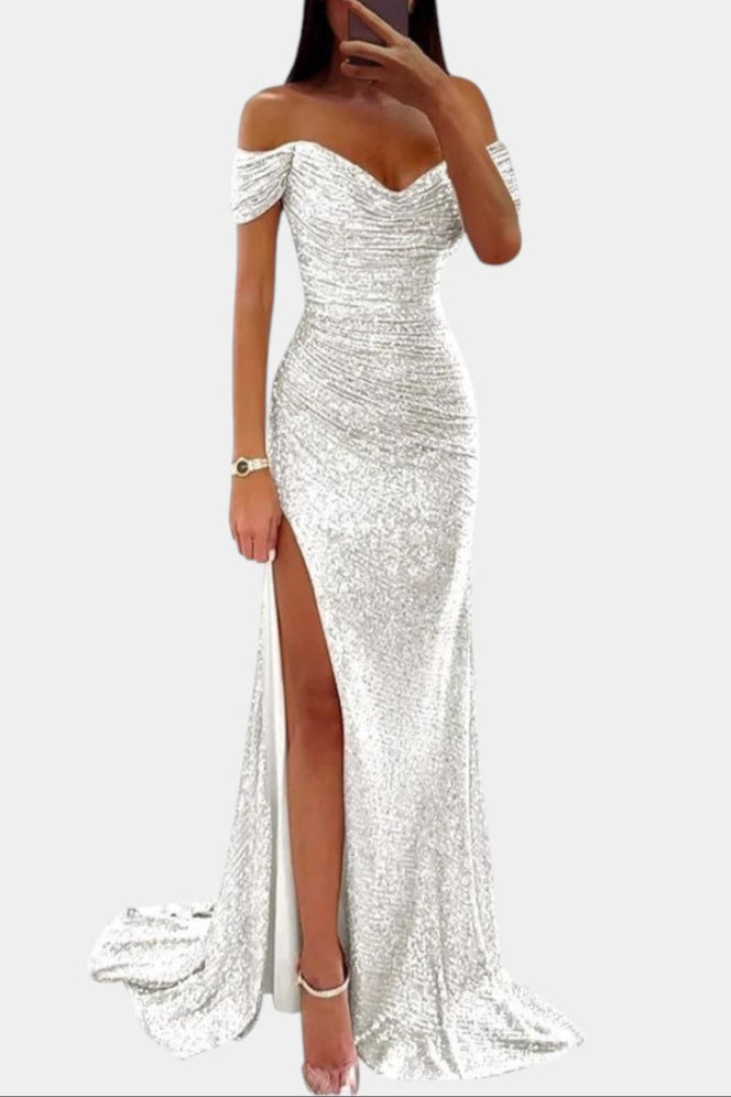 Molinas Vestido de Sirena Off-Shoulder con Lentejuelas