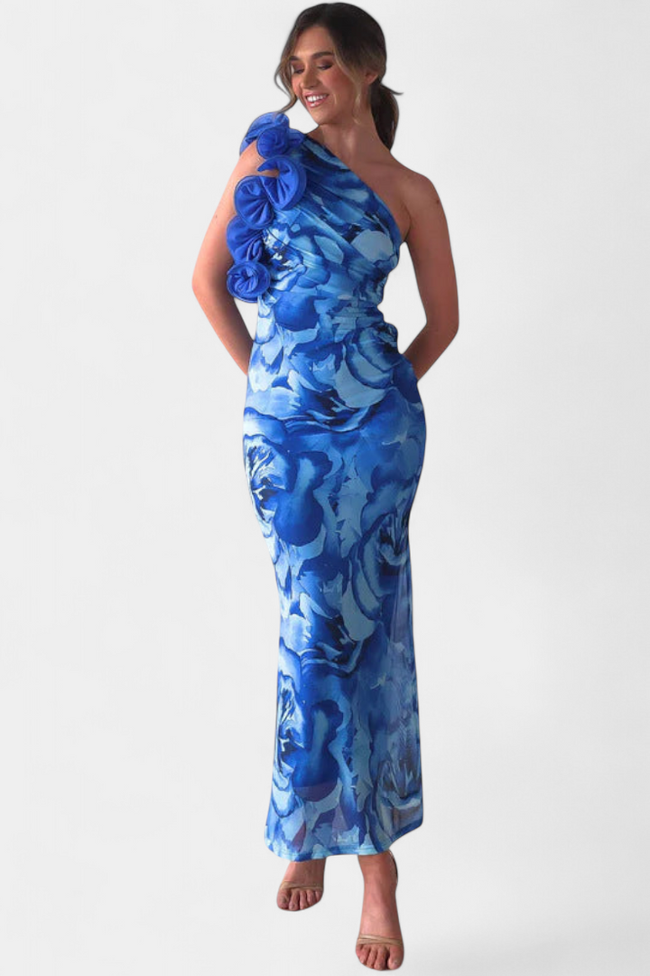 Maëlle Vestido Midi con Detalle Floral de Un Hombro