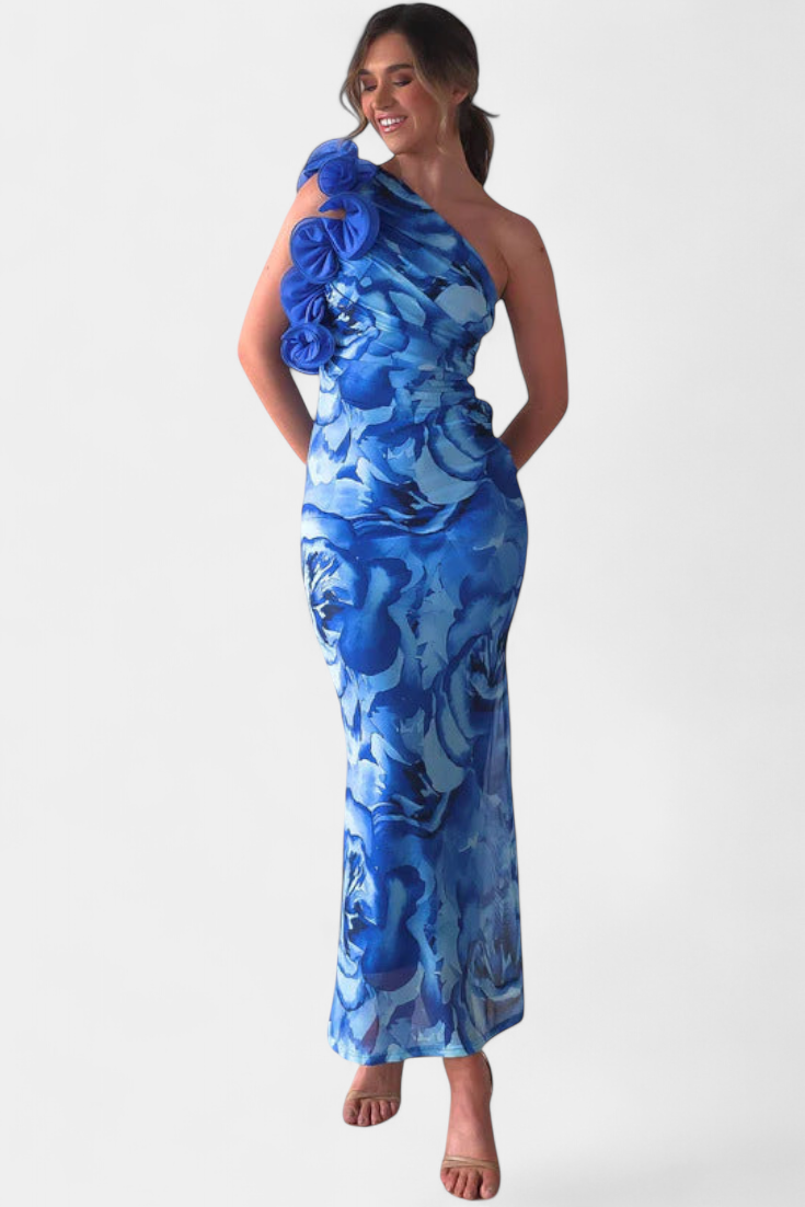 Maëlle Vestido Midi con Detalle Floral de Un Hombro