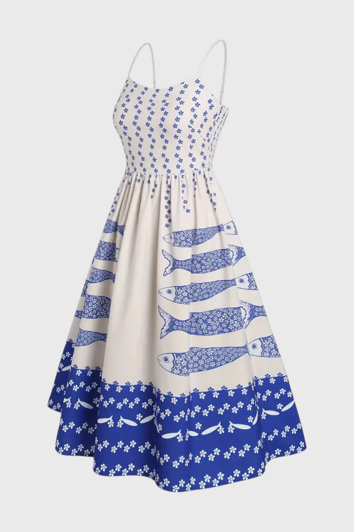 Maricela Vestido Vintage con Tirantes y Estampado de Sardinas