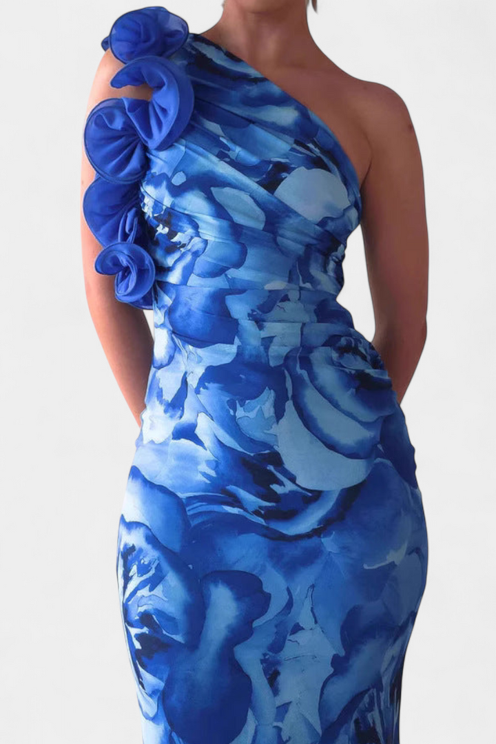 Maëlle Vestido Midi con Detalle Floral de Un Hombro