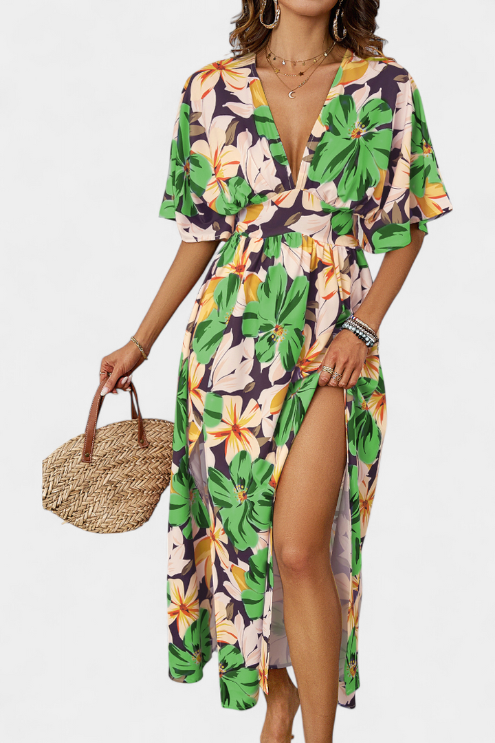 Julie Vestido Largo con Estampado Floral y Escote Cruzado