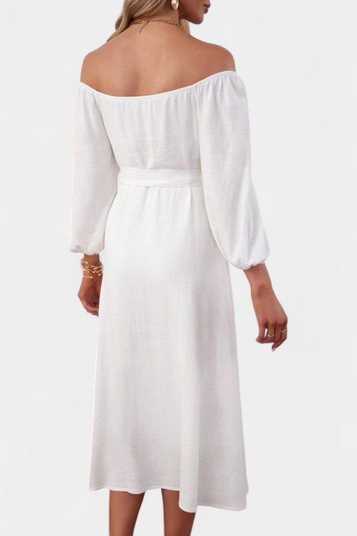 Leonor Vestido de Hombros Descubiertos con Botones y Lazo Frontal