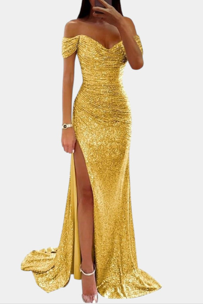 Molinas Vestido de Sirena Off-Shoulder con Lentejuelas