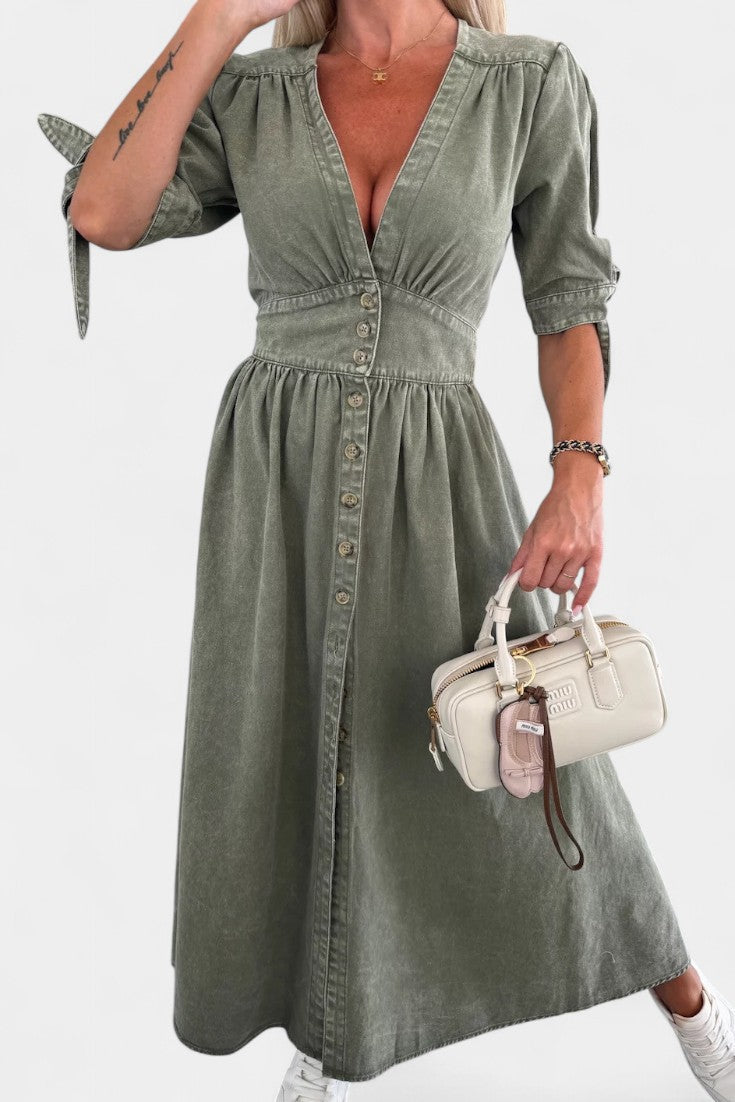 Adelina Vestido Midi de Denim con Botones y Escote en V
