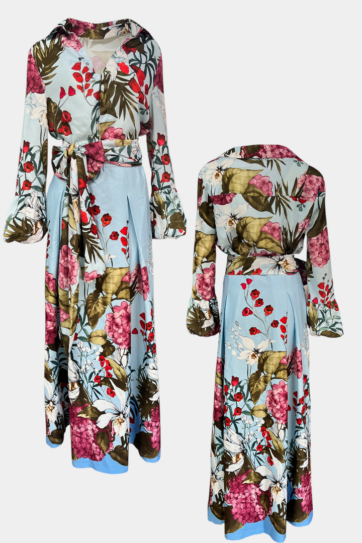 Sanne Conjunto Elegante Estampado de Camisa y Pantalón Fluido