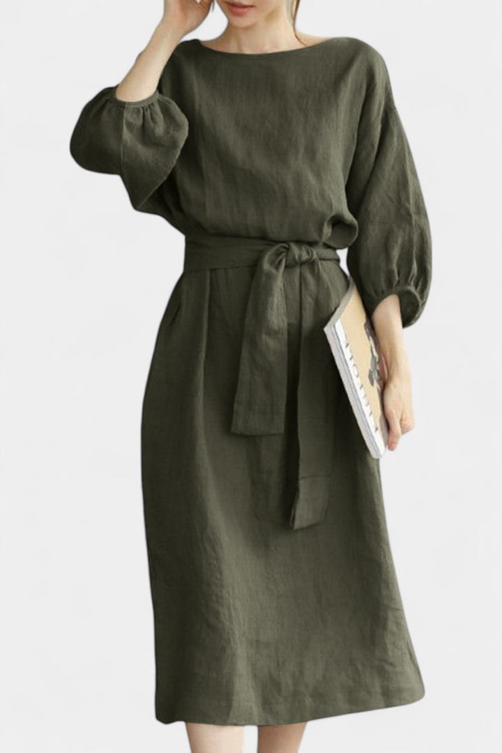 Krisbel Vestido de Lino Algodón con Cintura Anudada