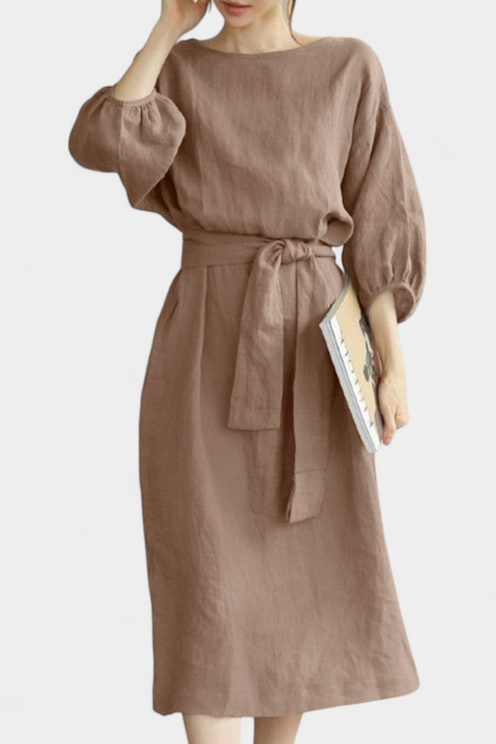 Krisbel Vestido de Lino Algodón con Cintura Anudada