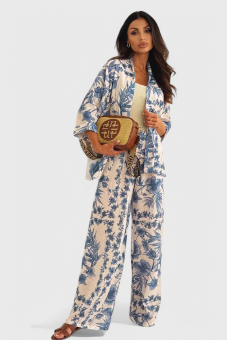 Odile Conjunto de Mezcla de Algodón con Top de Manga 3/4 y Pantalones con Bolsillos