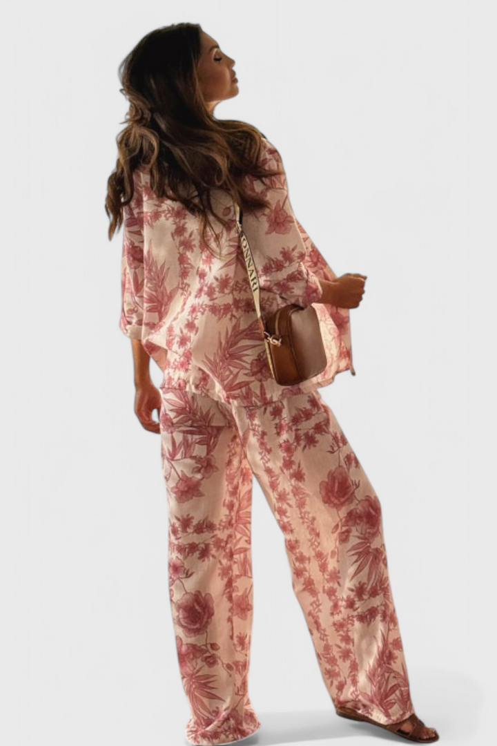 Odile Conjunto de Mezcla de Algodón con Top de Manga 3/4 y Pantalones con Bolsillos