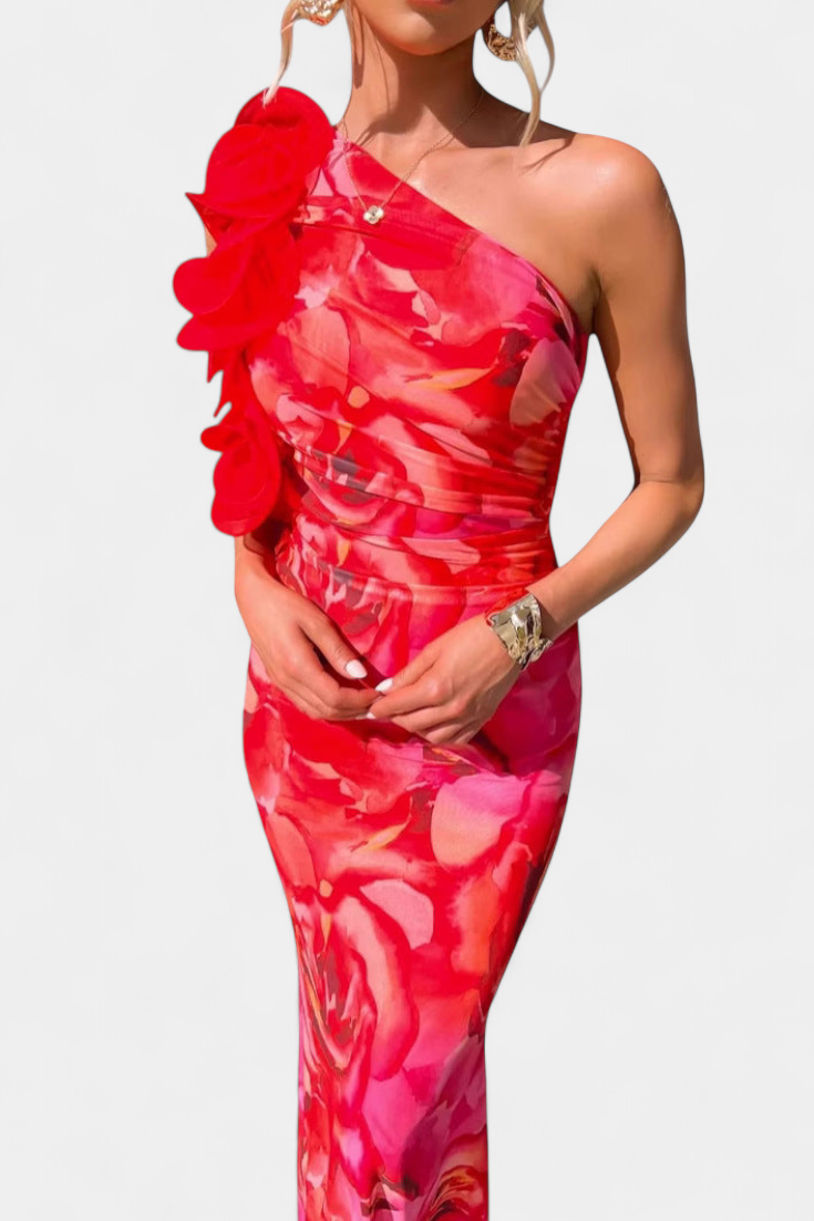 Maëlle Vestido Midi con Detalle Floral de Un Hombro