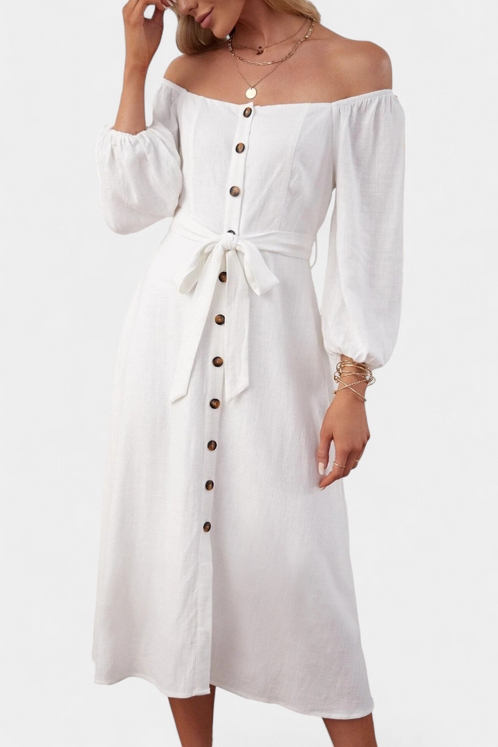 Leonor Vestido de Hombros Descubiertos con Botones y Lazo Frontal