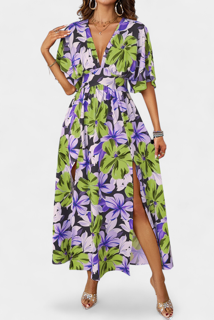 Julie Vestido Largo con Estampado Floral y Escote Cruzado