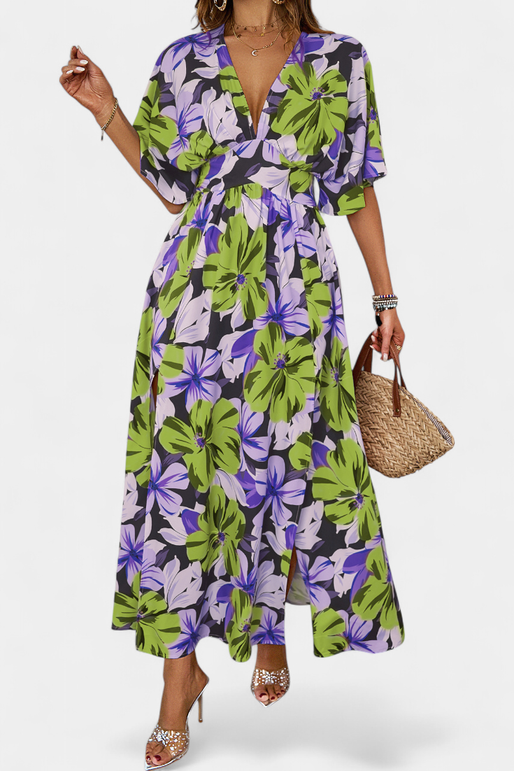 Julie Vestido Largo con Estampado Floral y Escote Cruzado