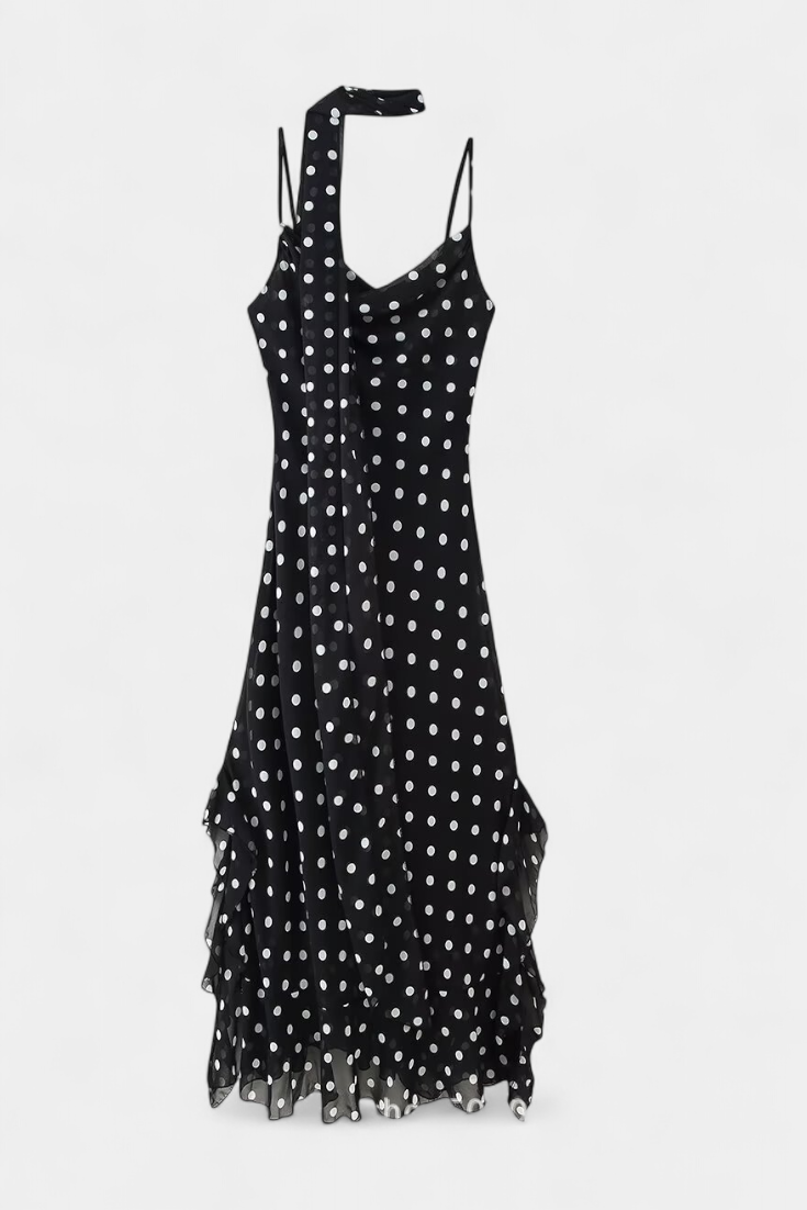 Estefanía Vestido de Gasa con Volantes y Lunares en Negro y Crema