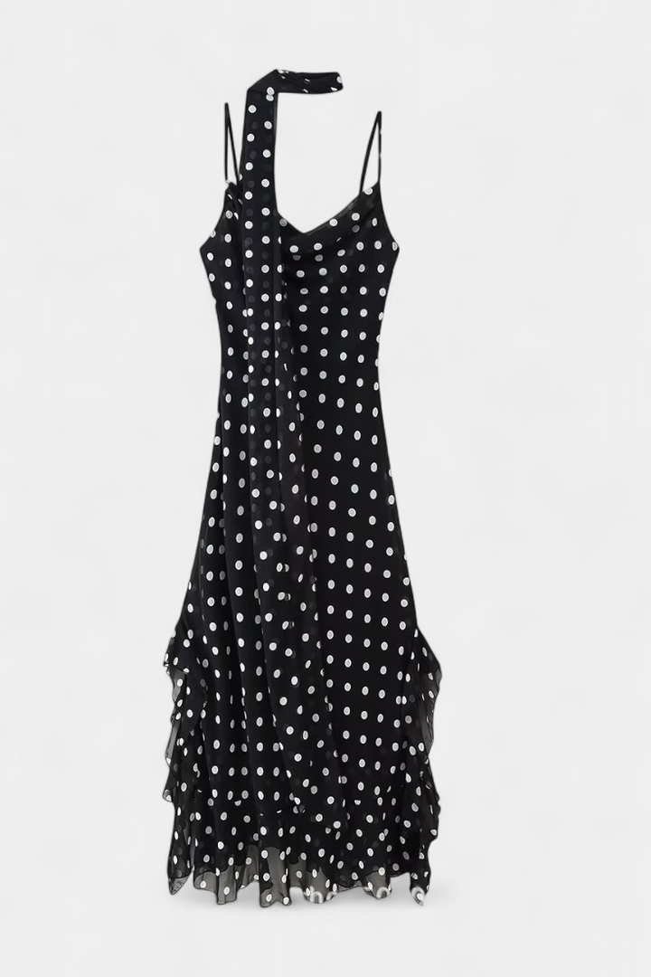 Estefanía Vestido de Gasa con Volantes y Lunares en Negro y Crema