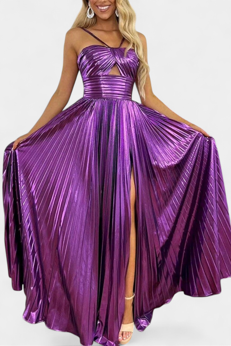 Aikaterini Vestido Maxi Metálico con Cuello Cruzado y Abertura