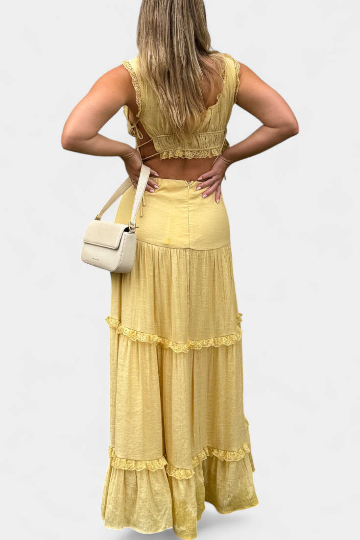 Ilys Conjunto Romántico de Top con Encaje y Falda Larga Voluminosa