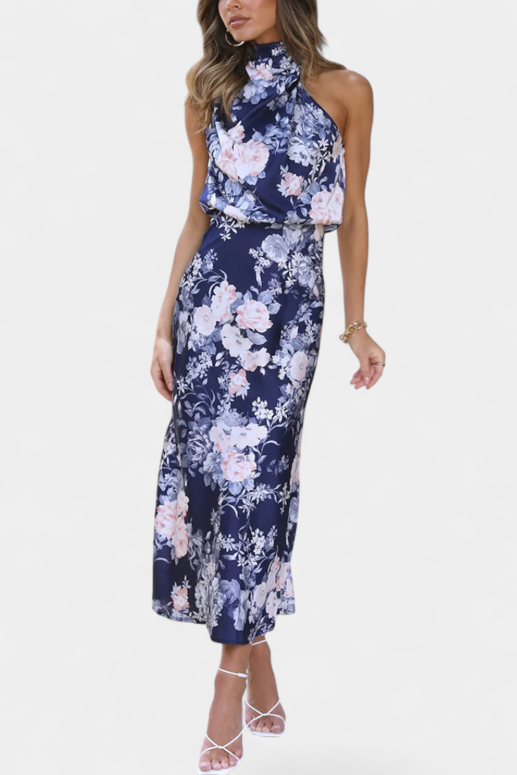 Lisa Vestido Maxi Floral con Cuello Halter y Cintura Elástica