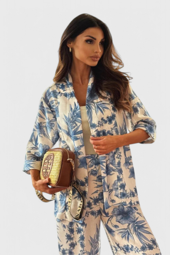 Odile Conjunto de Mezcla de Algodón con Top de Manga 3/4 y Pantalones con Bolsillos