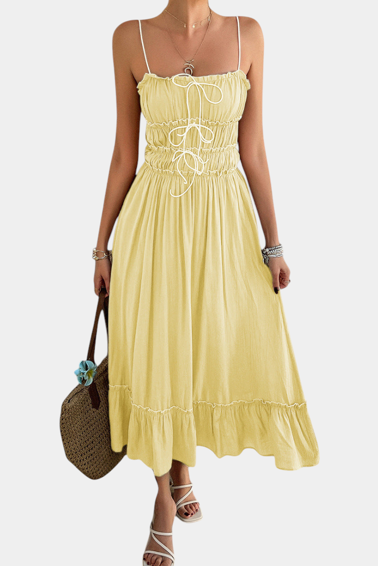 Luz Vestido A-Line Strappy con dobladillo rizado