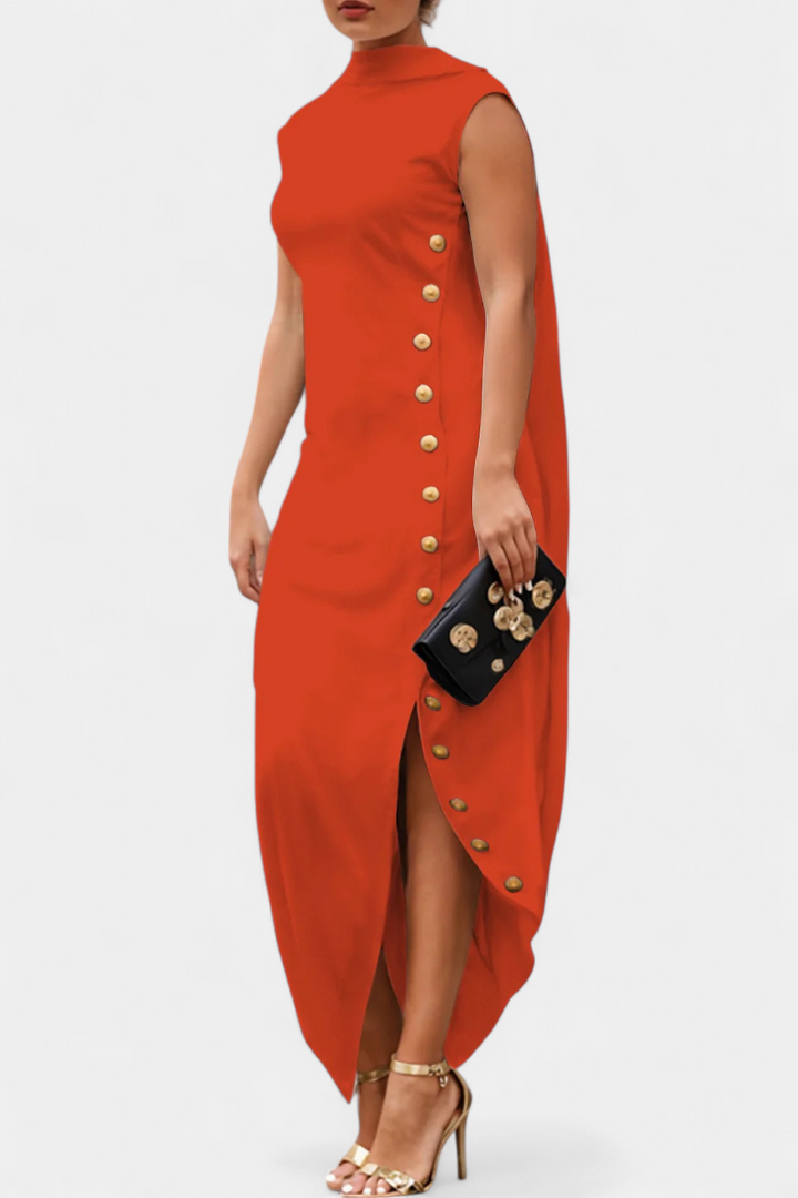 Aphrodite Vestido Asimétrico con Botones Dorados Decorativos