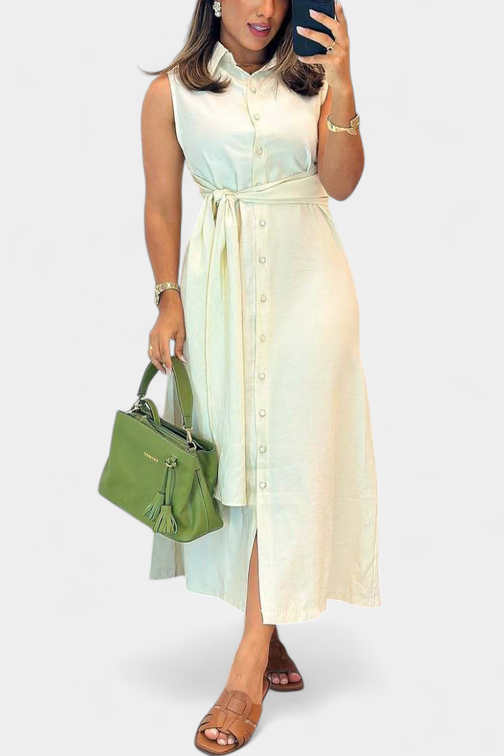 Behnaz Vestido Elegante sin Mangas con Cinturón y Cuello Camisero