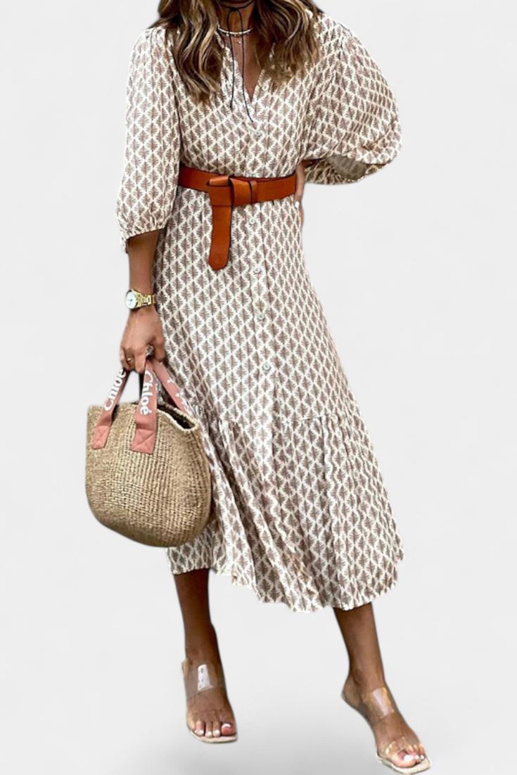 Antonia Midi Dress with Adjustable Waist and Buttons