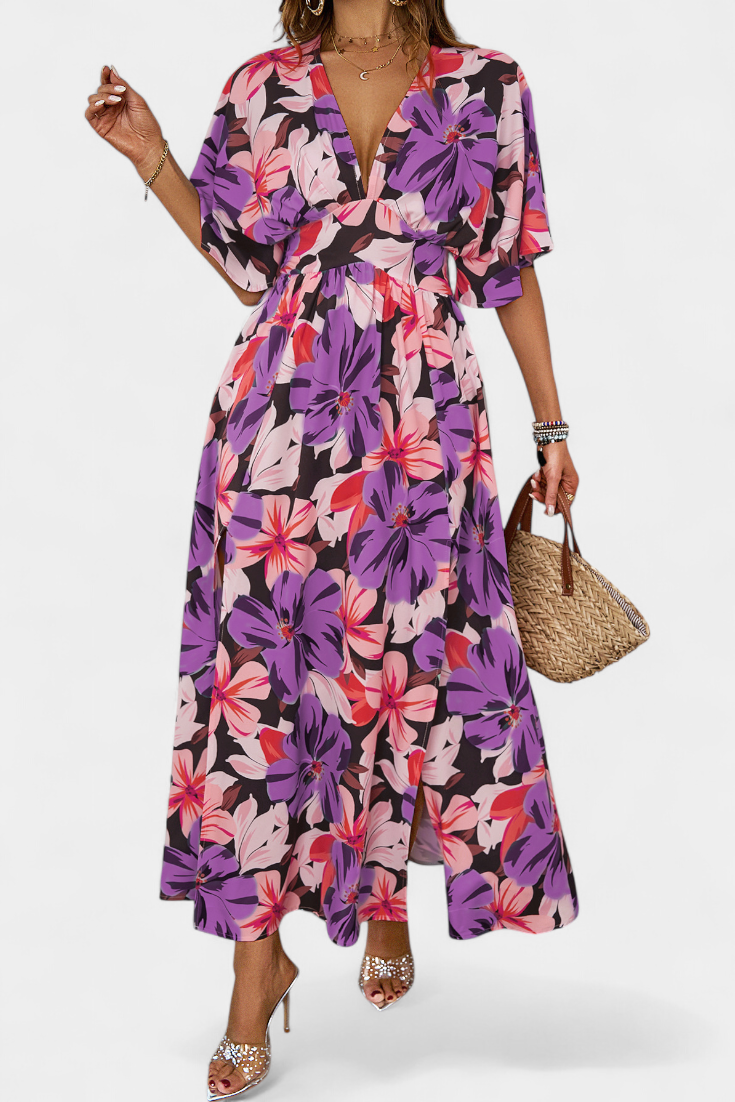 Julie Vestido Largo con Estampado Floral y Escote Cruzado