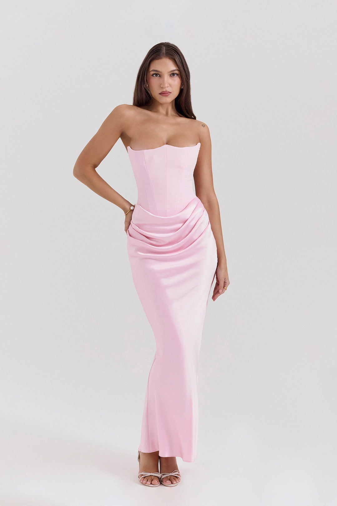 Emily Vestido Maxi Drapado con Corsé Sin Tirantes