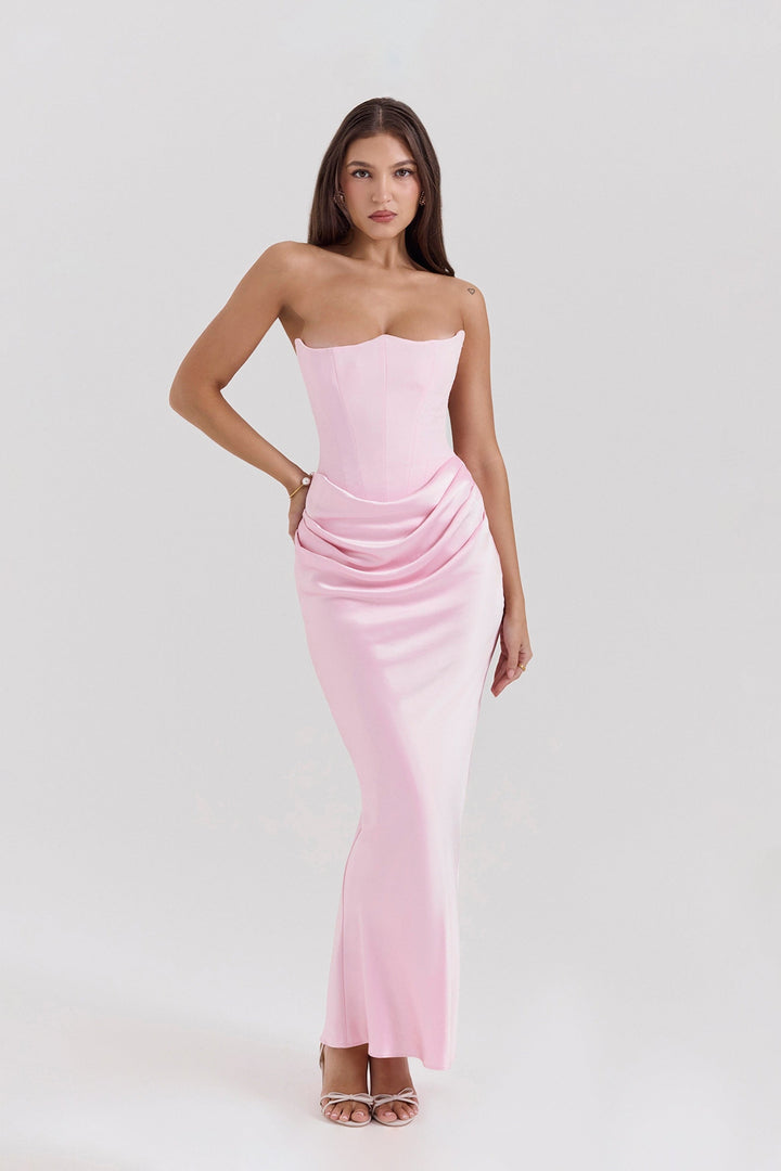 Emily Vestido Maxi Drapado con Corsé Sin Tirantes