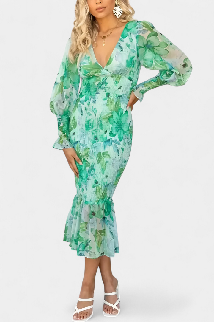 Carly Vestido Midi Floral con Cintura Fruncida y Mangas Vaporosas
