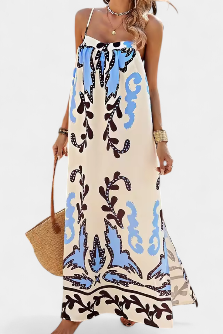 Vilma Vestido con Estampado Tropical y Espalda Descubierta