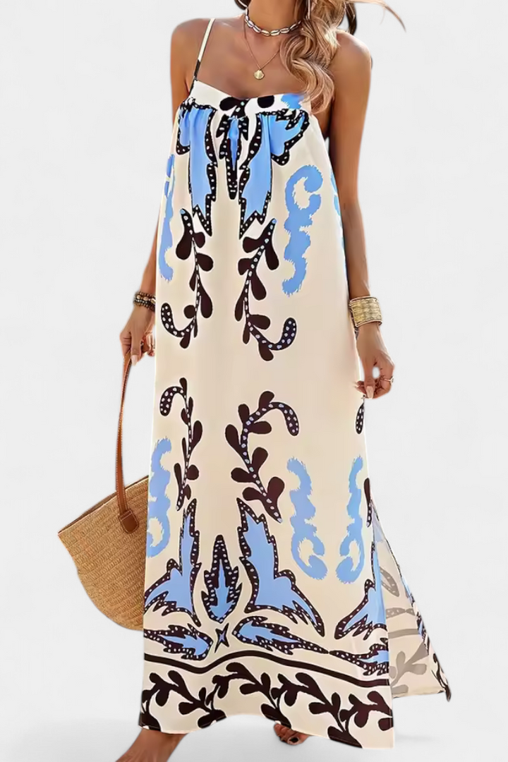 Vilma Vestido con Estampado Tropical y Espalda Descubierta