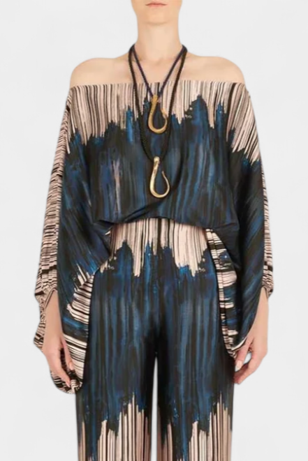 Sybella Conjunto de Dos Piezas con Hombros Descubiertos y Pantalones Amplios Estampados