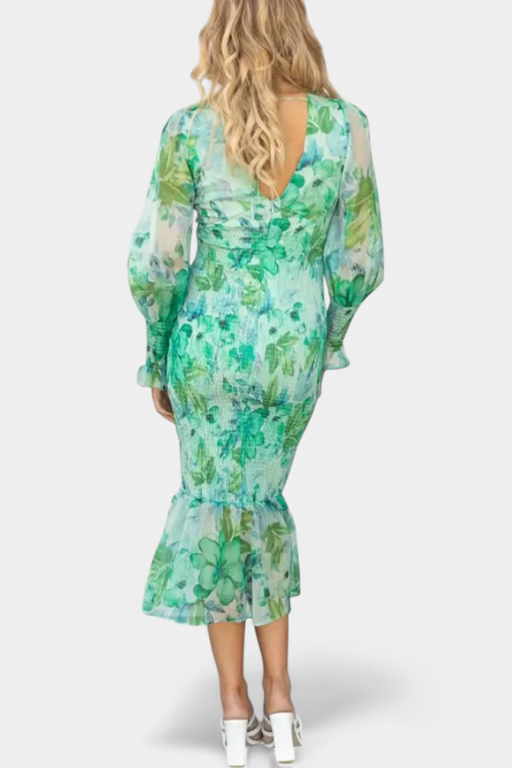 Carly Vestido Midi Floral con Cintura Fruncida y Mangas Vaporosas