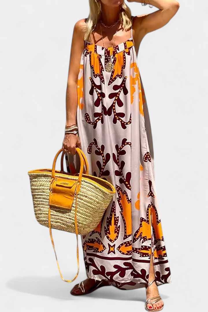 Vilma Vestido con Estampado Tropical y Espalda Descubierta